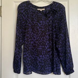 LOFT black and Lavender Print Top‎ with bow at neckline size small
